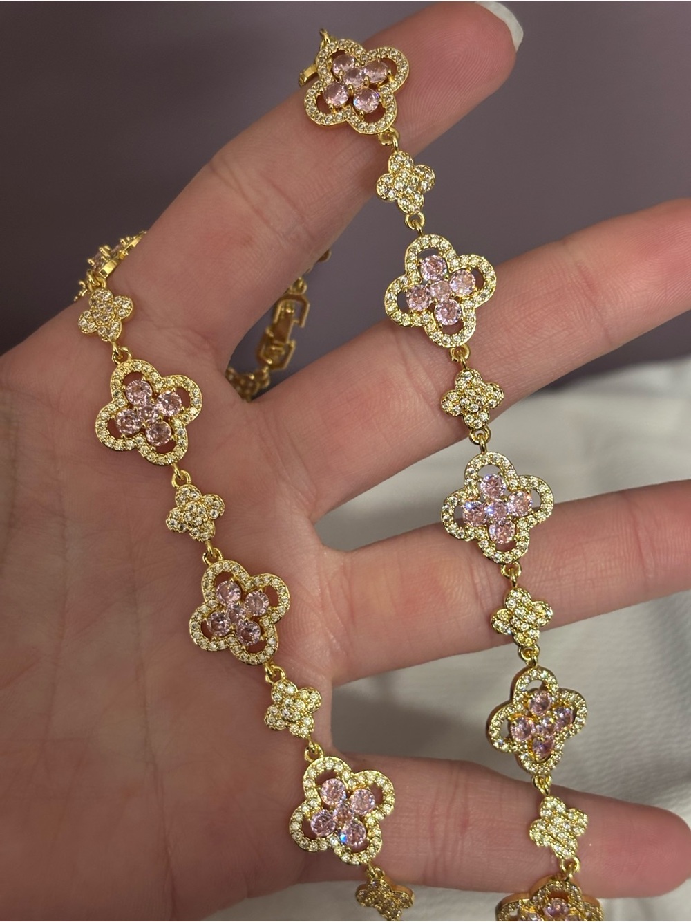 Gold Filled Pink Crystal Floral Link Necklace 16” - Women Jewelry